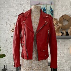 Homme + Femme Red Leather Moto Jacket — Size S — Very Good Condition